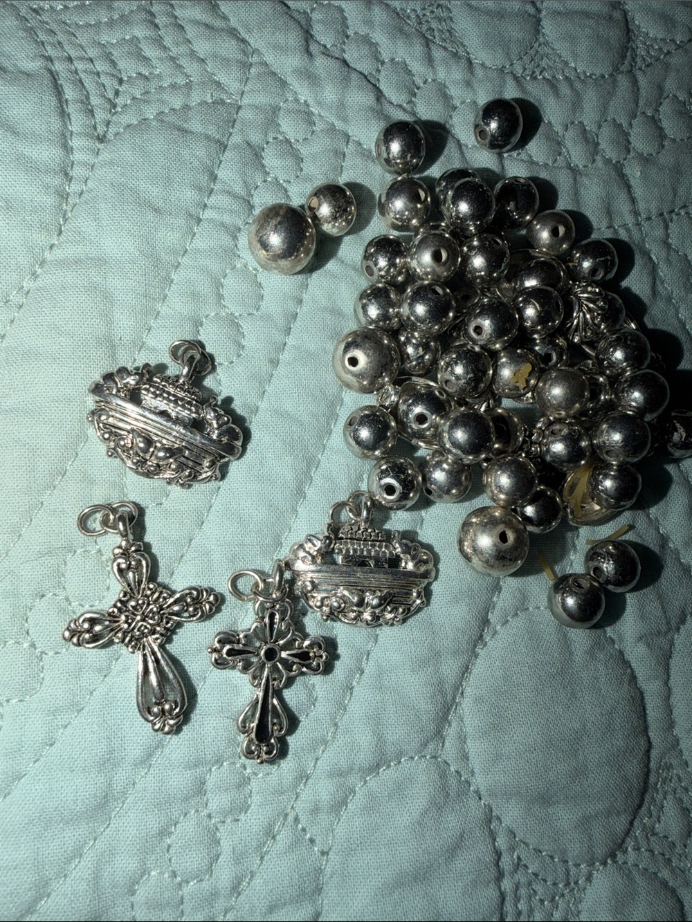 Silver-Tone Rosary Beads with Ornate Cross Charms